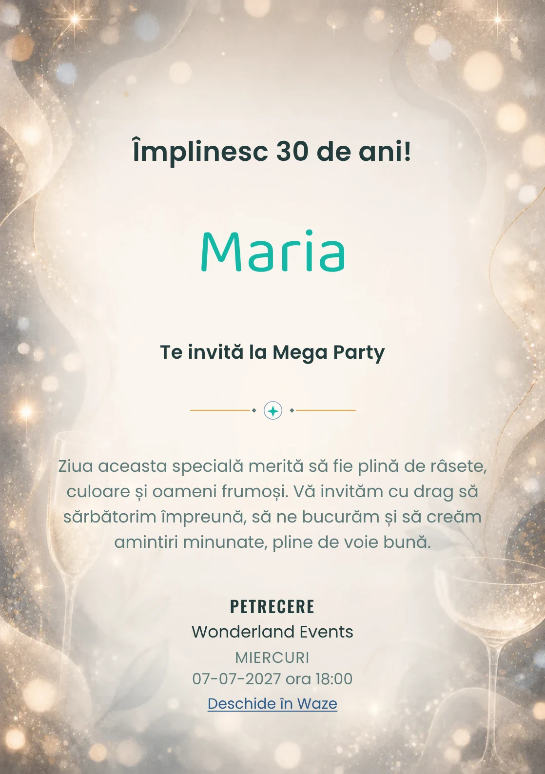 Sparkling Mood, invitație de zi de naștere pentru adulți, cu sclipiri fine, lumini defocalizate și pahare abstracte.
