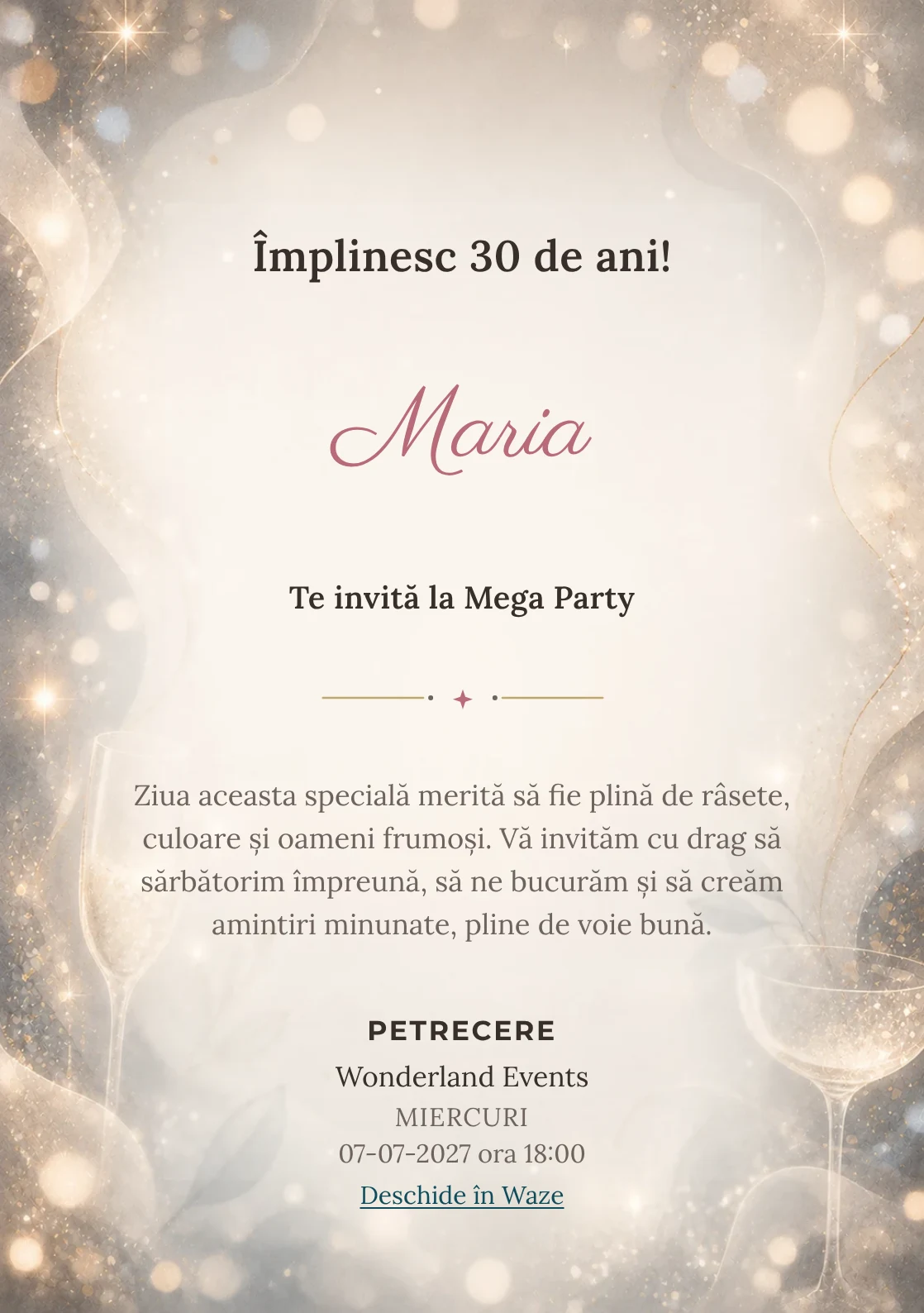 Sparkling Mood, invitație de zi de naștere pentru adulți, cu sclipiri fine, lumini defocalizate și pahare abstracte.