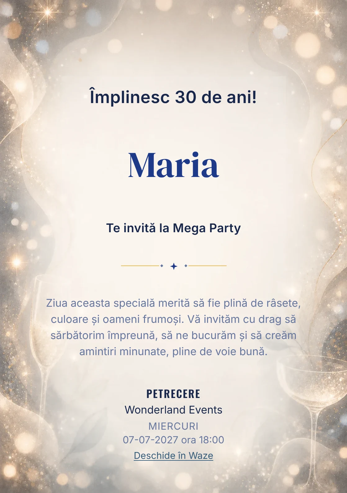 Sparkling Mood, invitație de zi de naștere pentru adulți, cu sclipiri fine, lumini defocalizate și pahare abstracte.