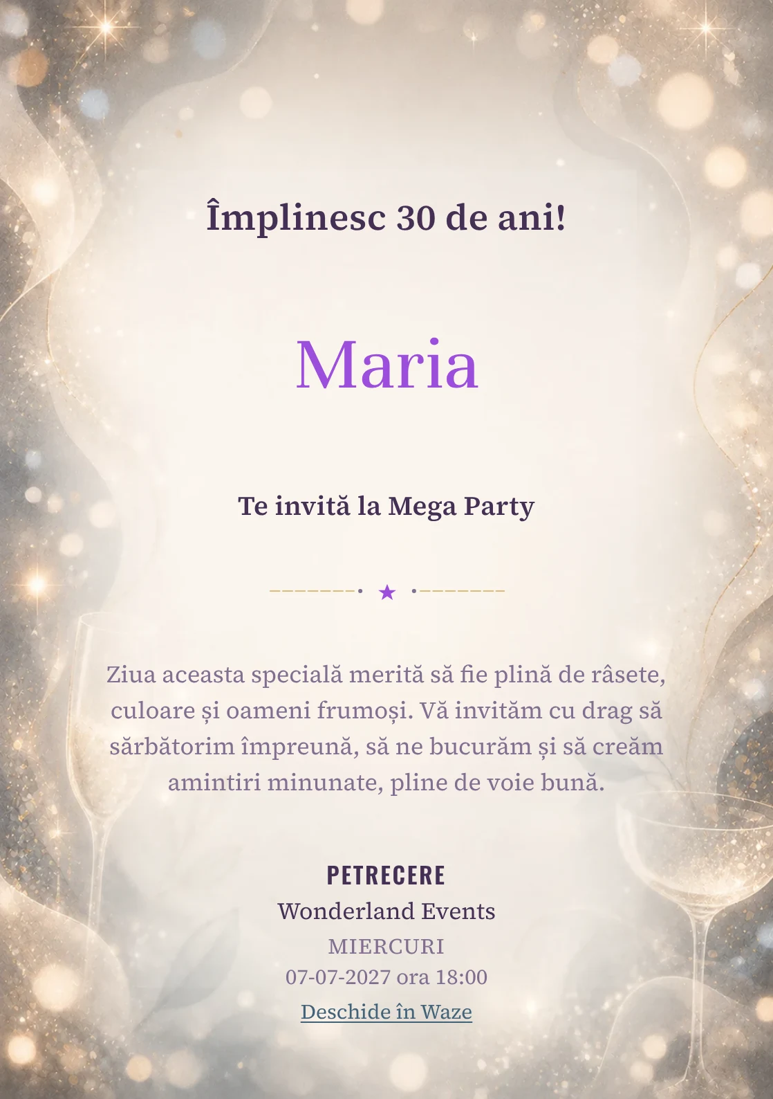 Sparkling Mood, invitație de zi de naștere pentru adulți, cu sclipiri fine, lumini defocalizate și pahare abstracte.