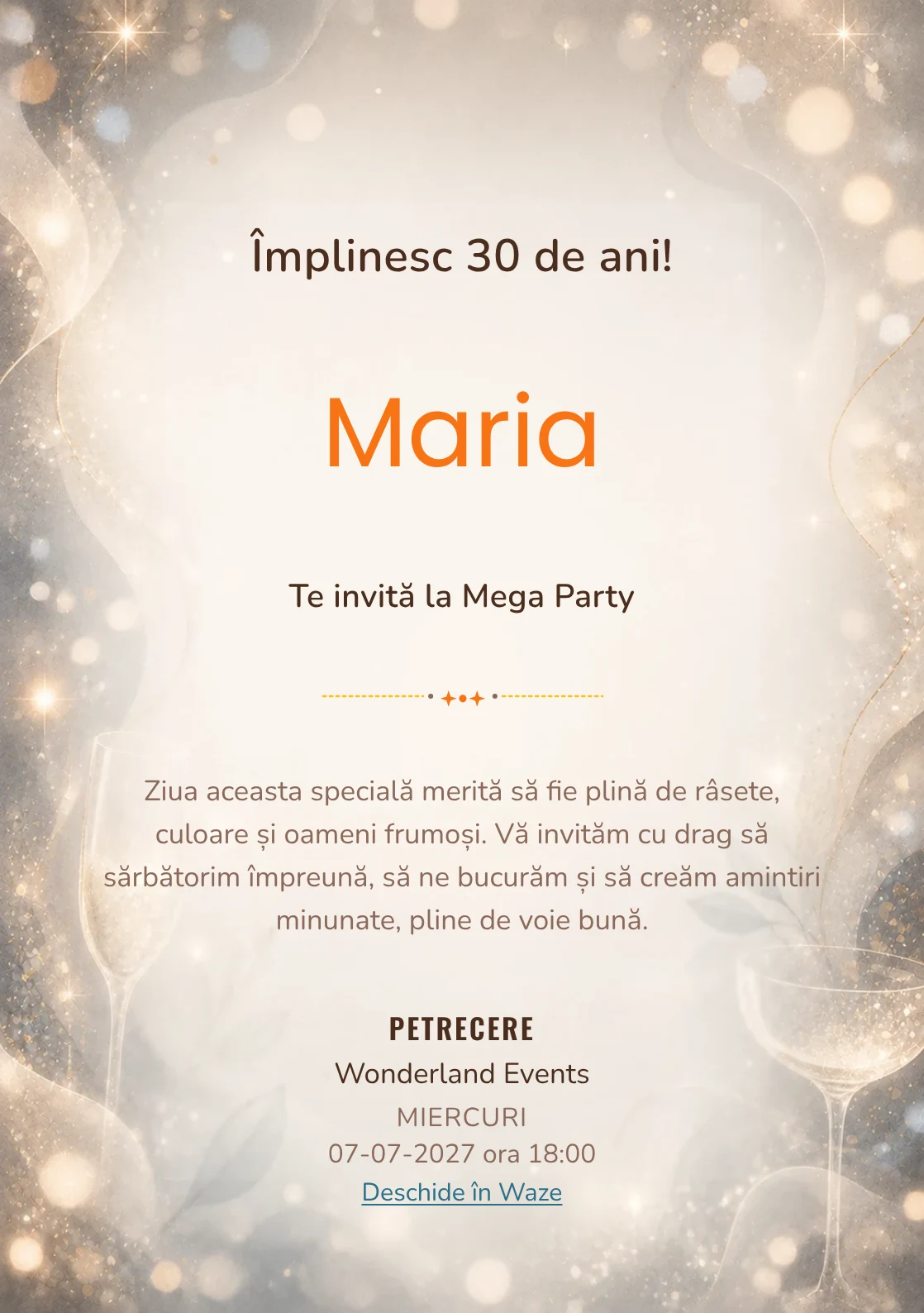 Sparkling Mood, invitație de zi de naștere pentru adulți, cu sclipiri fine, lumini defocalizate și pahare abstracte.
