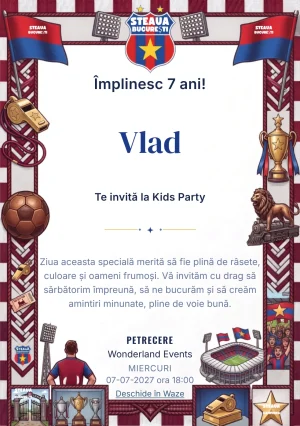 Invitație digitală Steaua București – Gloria Roș-Albastră pentru ziua de naștere a copiilor, cu un cadru fotbalistic roș-albastru cu trofee, stadion și însemne de club.