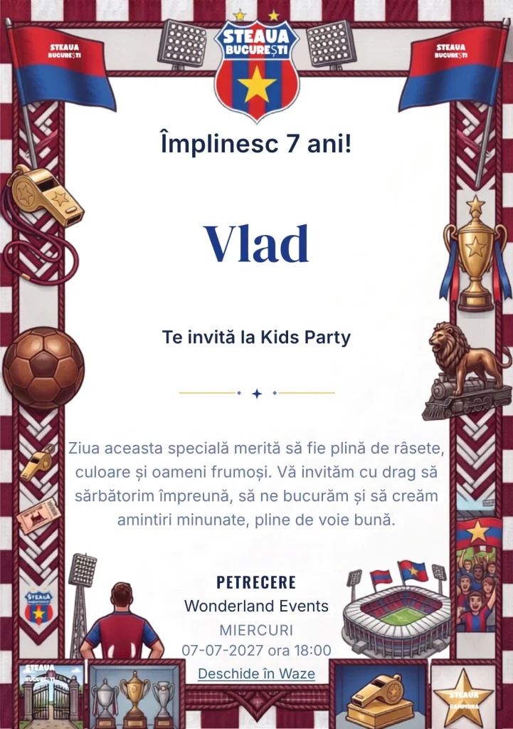 Invitație digitală Steaua București – Gloria Roș-Albastră pentru ziua de naștere a copiilor, cu un cadru fotbalistic roș-albastru cu trofee, stadion și însemne de club.
