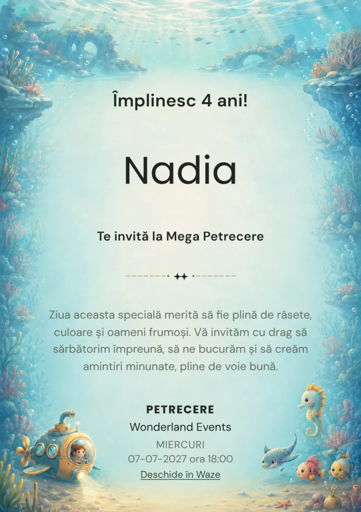 Invitație la ziua de naștere Submarinul Curios pentru copii, cu un submarin și creaturi marine mici.