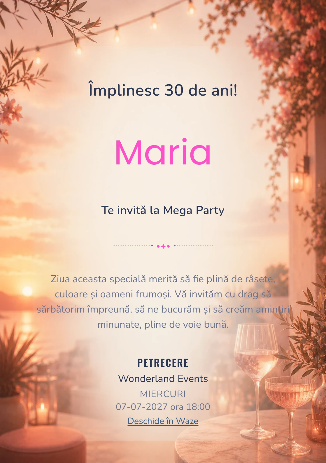 Invitație la ziua de naștere Sunset Drinks pentru adulți, cu apus pe terasă, pahare abstracte și tonuri piersică.