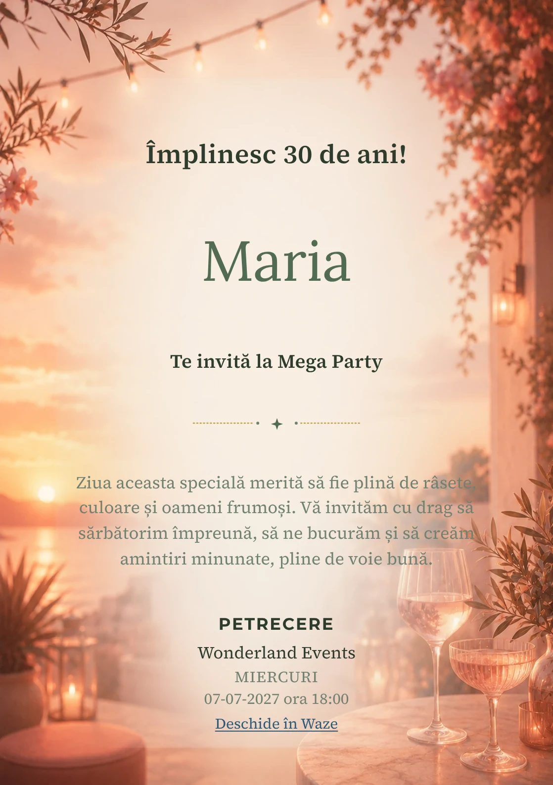 Invitație la ziua de naștere Sunset Drinks pentru adulți, cu apus pe terasă, pahare abstracte și tonuri piersică.
