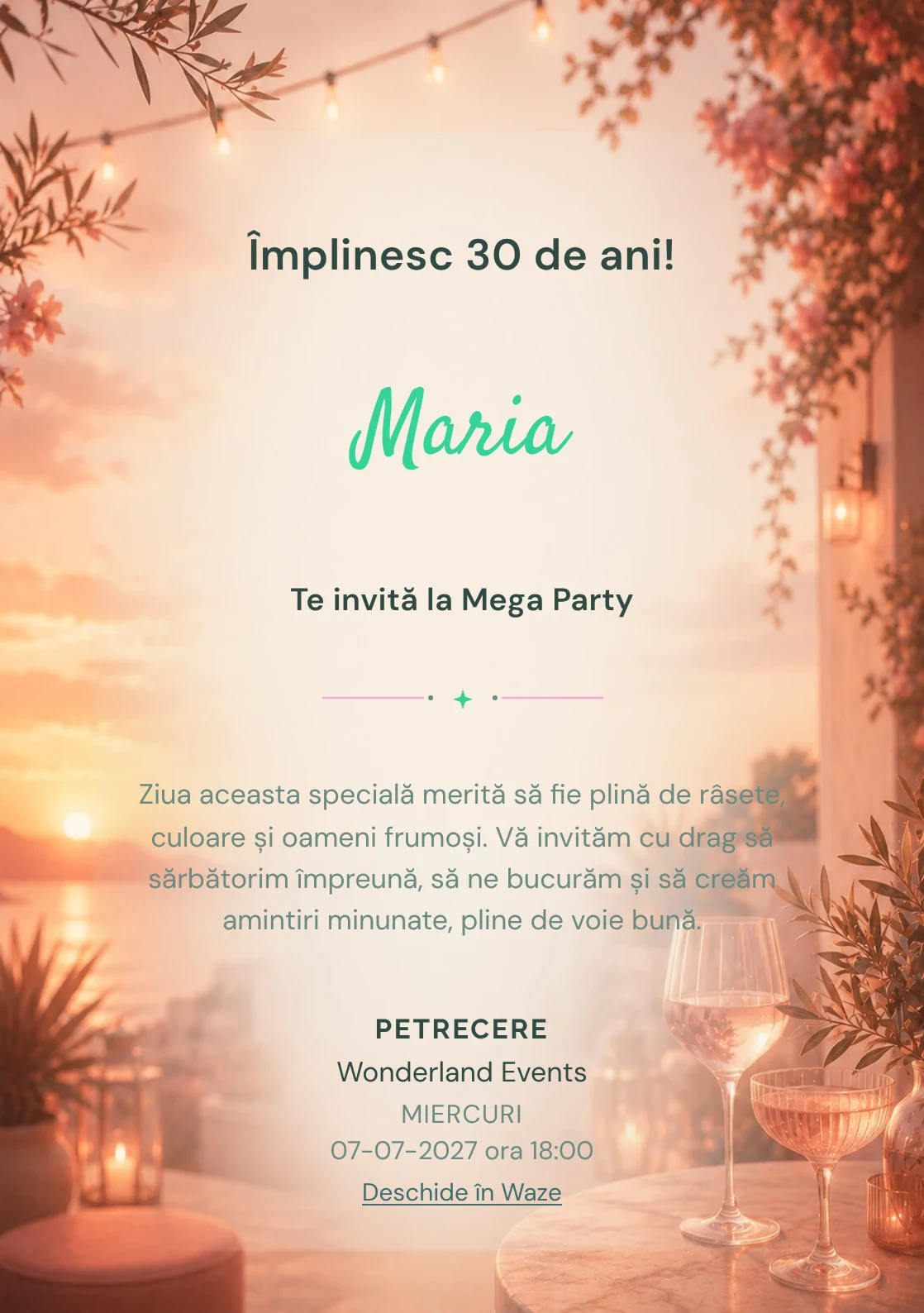Invitație la ziua de naștere Sunset Drinks pentru adulți, cu apus pe terasă, pahare abstracte și tonuri piersică.
