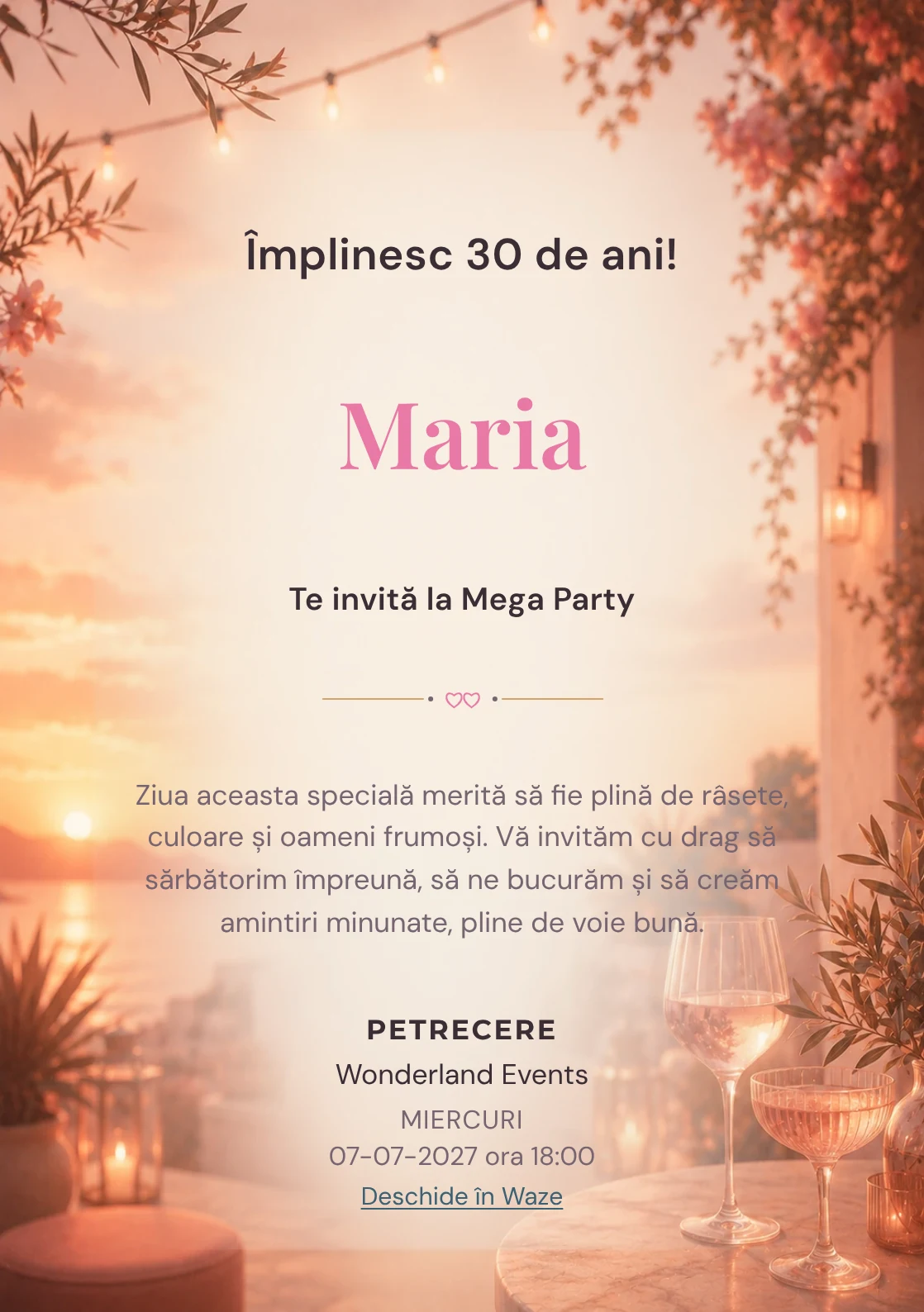 Invitație la ziua de naștere Sunset Drinks pentru adulți, cu apus pe terasă, pahare abstracte și tonuri piersică.