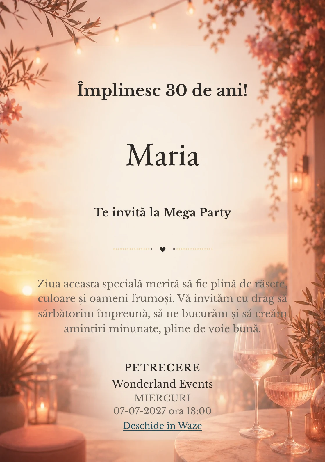 Invitație la ziua de naștere Sunset Drinks pentru adulți, cu apus pe terasă, pahare abstracte și tonuri piersică.