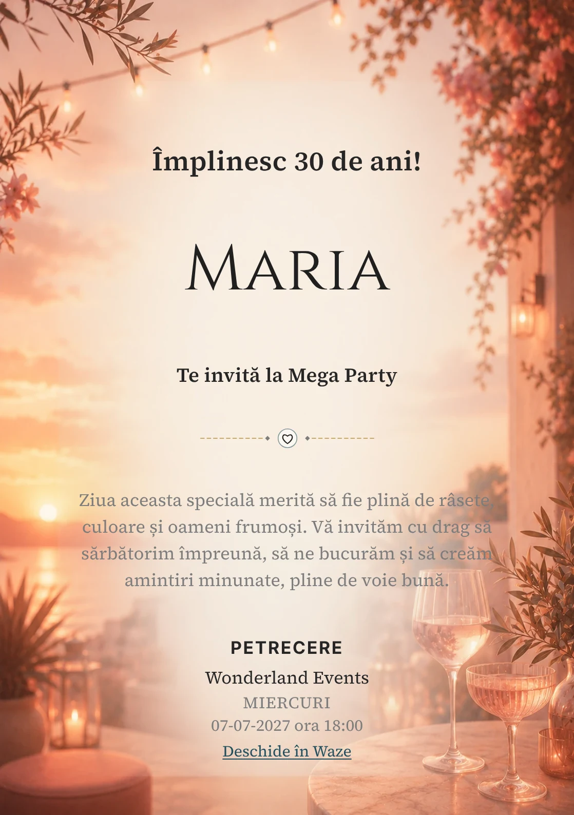 Invitație la ziua de naștere Sunset Drinks pentru adulți, cu apus pe terasă, pahare abstracte și tonuri piersică.