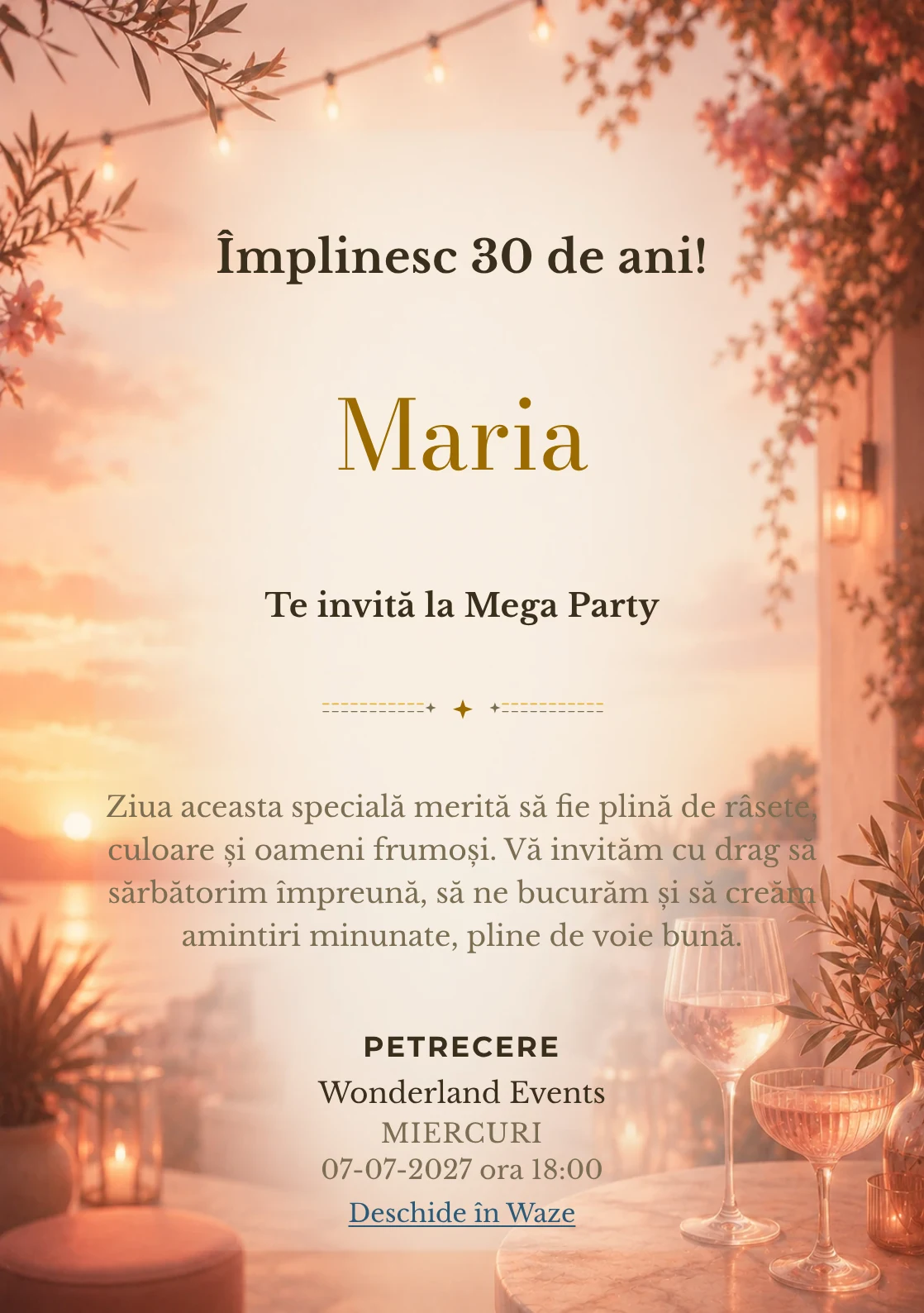 Invitație la ziua de naștere Sunset Drinks pentru adulți, cu apus pe terasă, pahare abstracte și tonuri piersică.