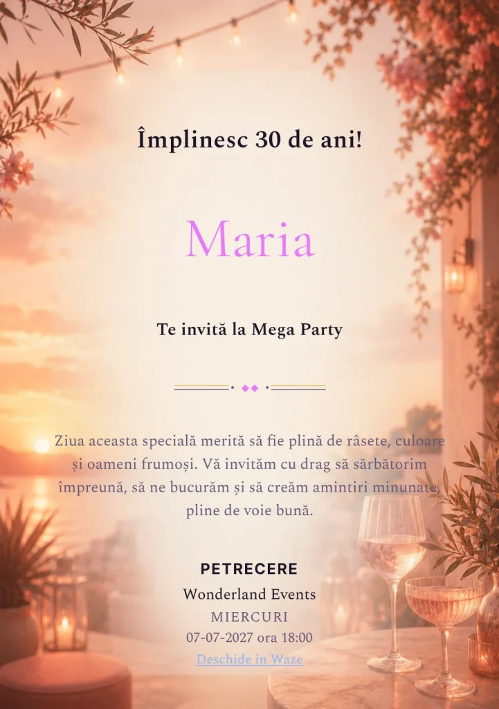 Invitație la ziua de naștere Sunset Drinks pentru adulți, cu apus pe terasă, pahare abstracte și tonuri piersică.