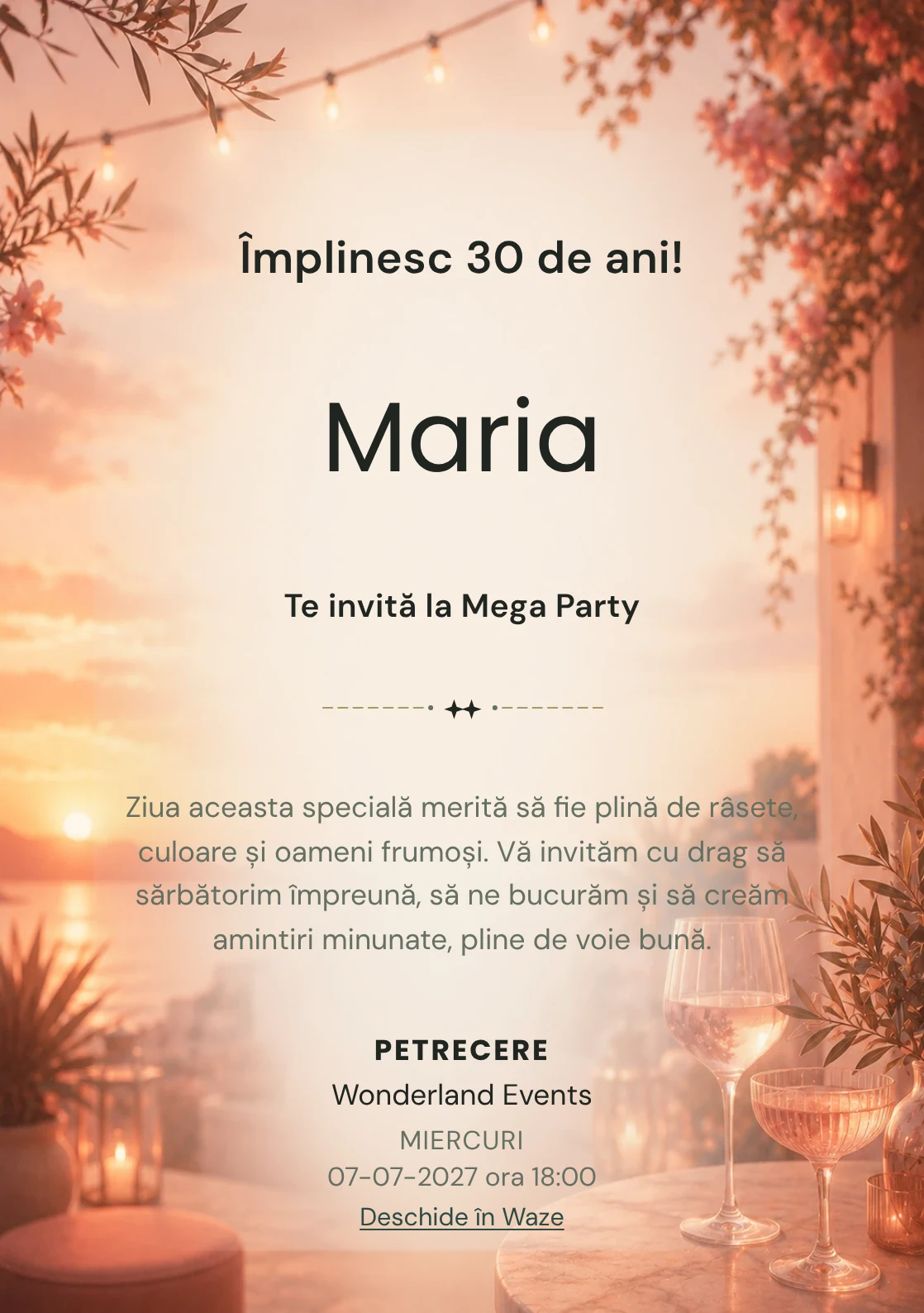 Invitație la ziua de naștere Sunset Drinks pentru adulți, cu apus pe terasă, pahare abstracte și tonuri piersică.