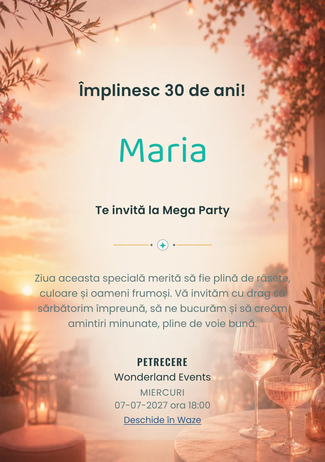 Invitație la ziua de naștere Sunset Drinks pentru adulți, cu apus pe terasă, pahare abstracte și tonuri piersică.