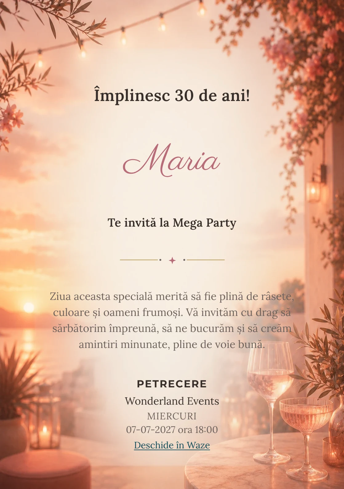 Invitație la ziua de naștere Sunset Drinks pentru adulți, cu apus pe terasă, pahare abstracte și tonuri piersică.