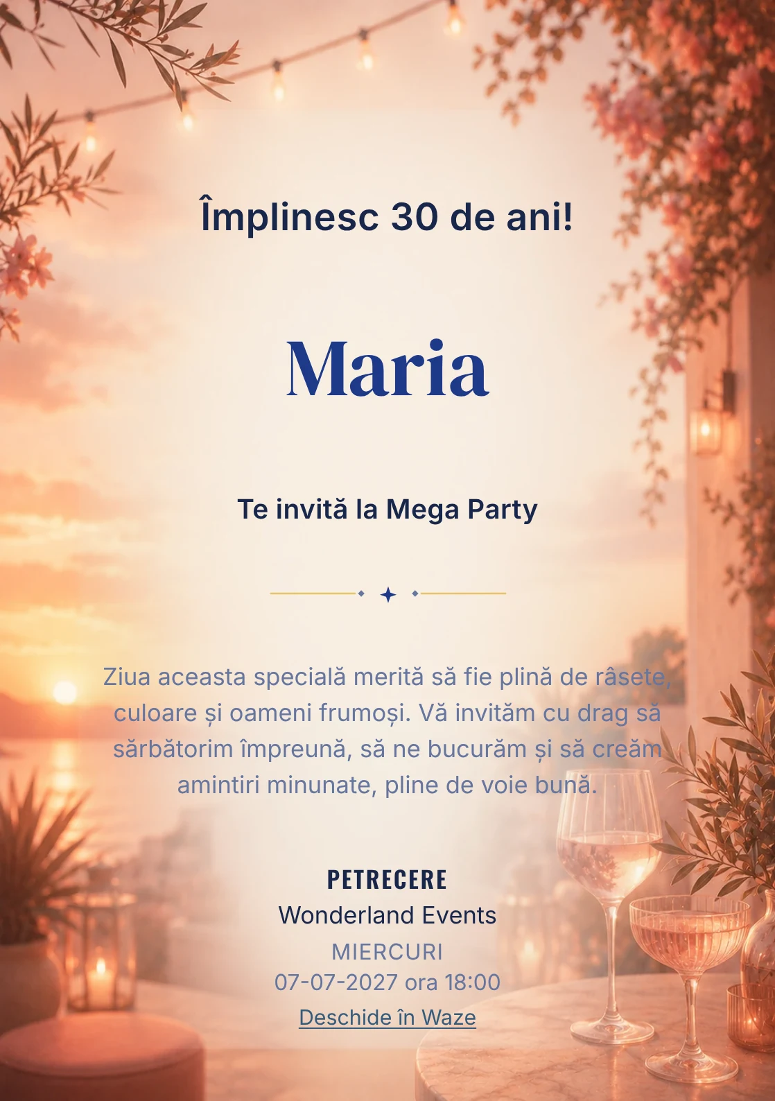 Invitație la ziua de naștere Sunset Drinks pentru adulți, cu apus pe terasă, pahare abstracte și tonuri piersică.