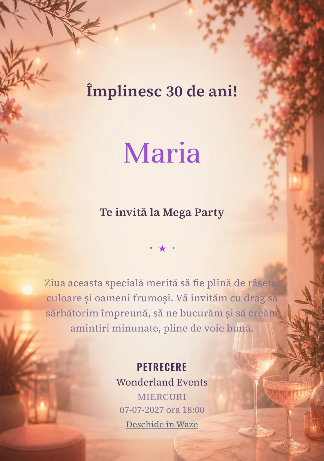Invitație la ziua de naștere Sunset Drinks pentru adulți, cu apus pe terasă, pahare abstracte și tonuri piersică.