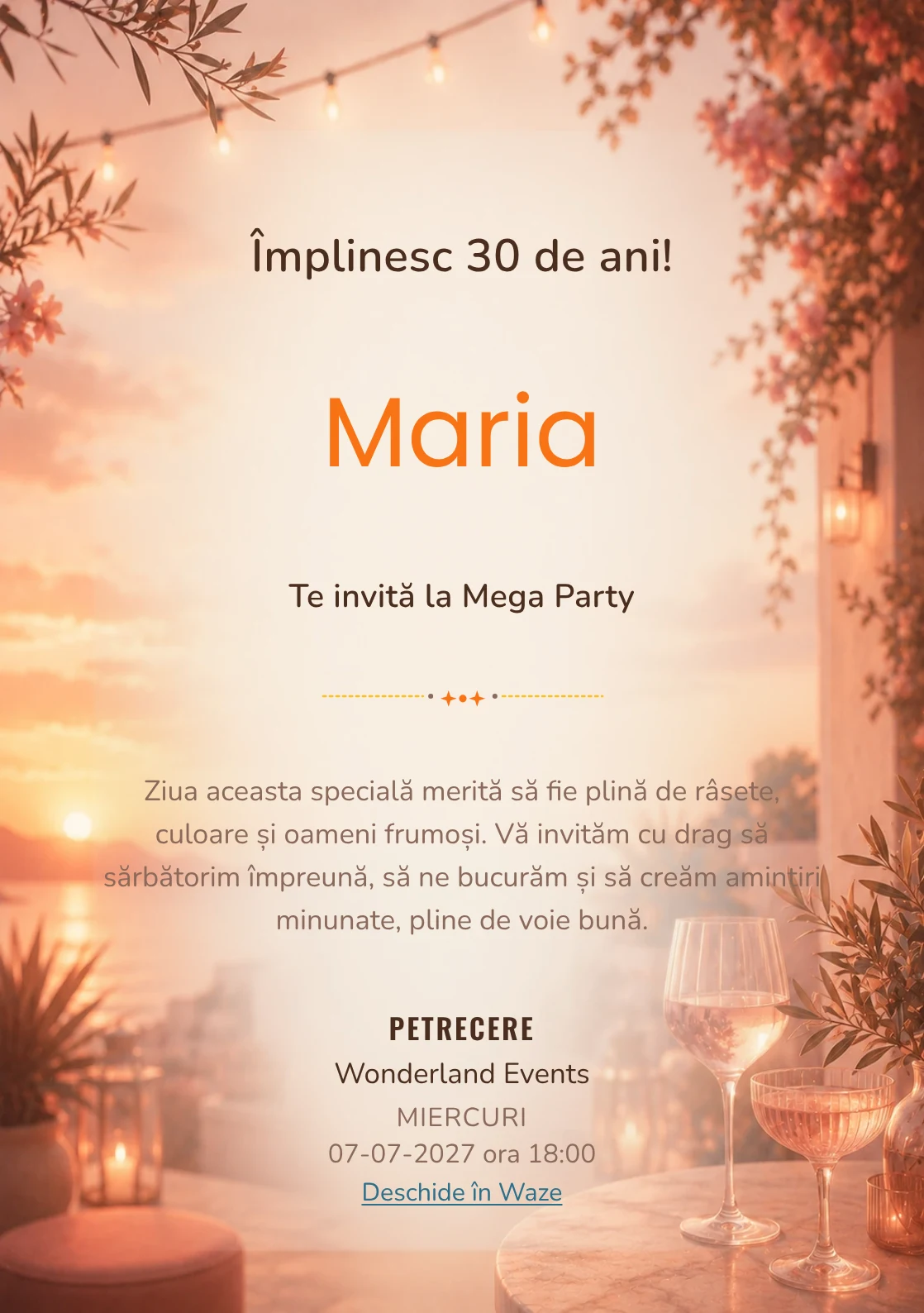 Invitație la ziua de naștere Sunset Drinks pentru adulți, cu apus pe terasă, pahare abstracte și tonuri piersică.