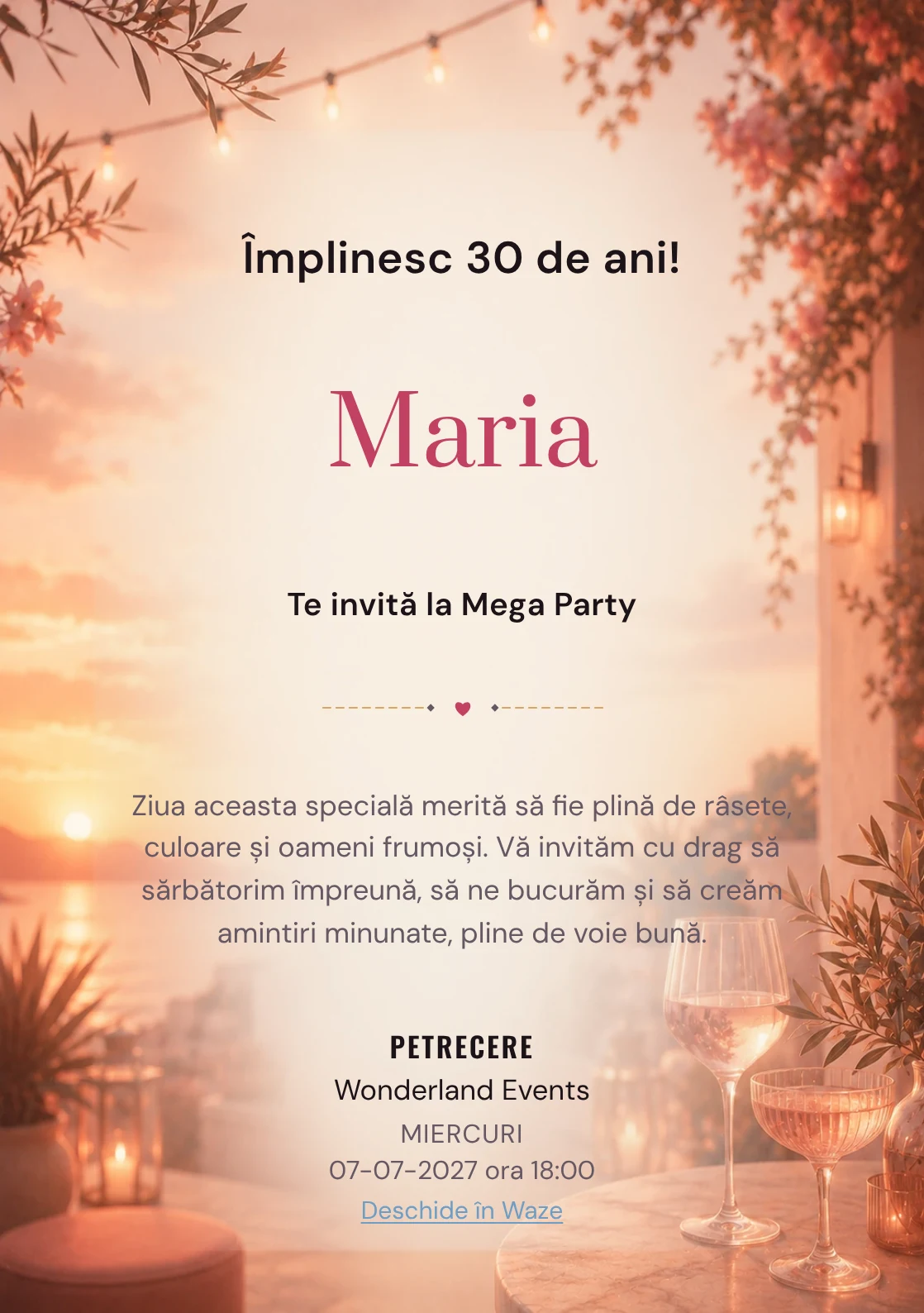 Invitație la ziua de naștere Sunset Drinks pentru adulți, cu apus pe terasă, pahare abstracte și tonuri piersică.
