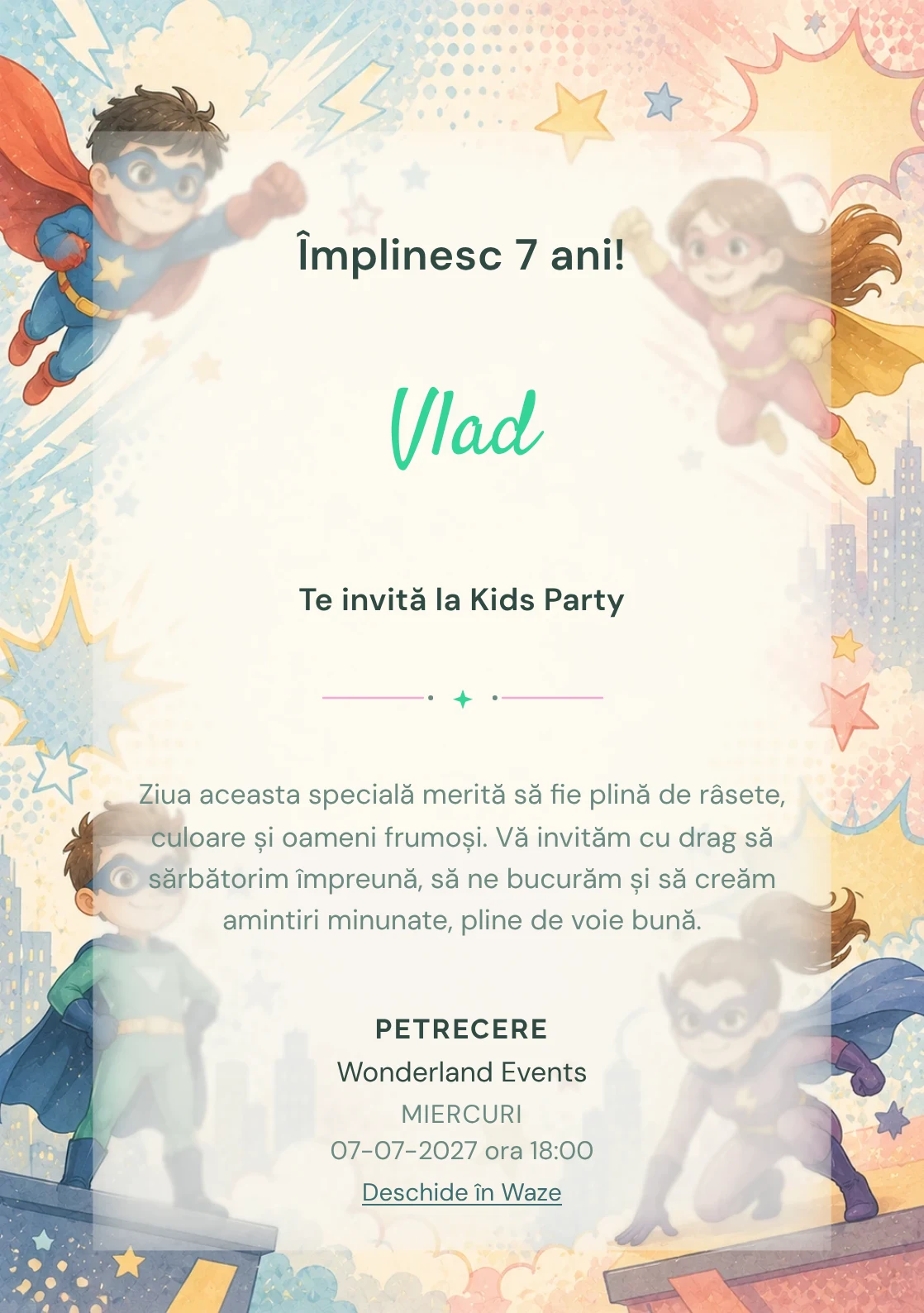 Super Eroi – invitație aniversară pentru copii, cu supereroi, cape, măști și forme comic-style.