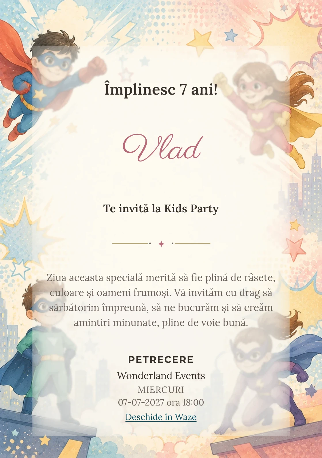 Super Eroi – invitație aniversară pentru copii, cu supereroi, cape, măști și forme comic-style.