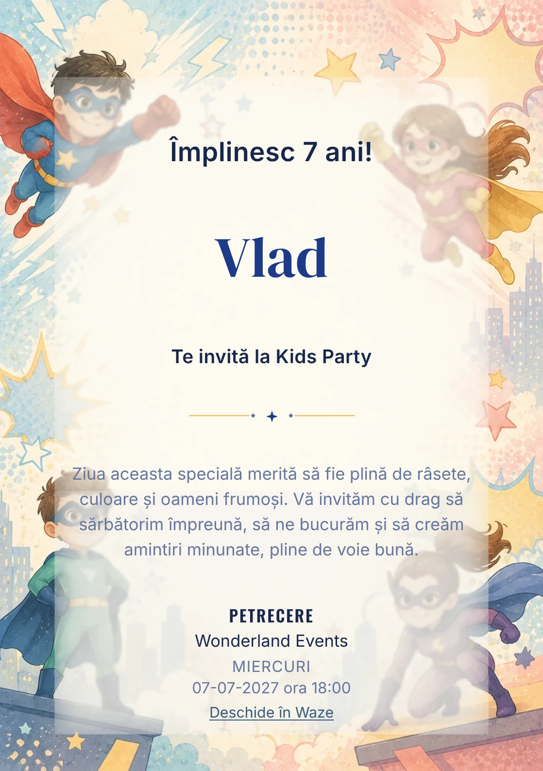 Super Eroi – invitație aniversară pentru copii, cu supereroi, cape, măști și forme comic-style.