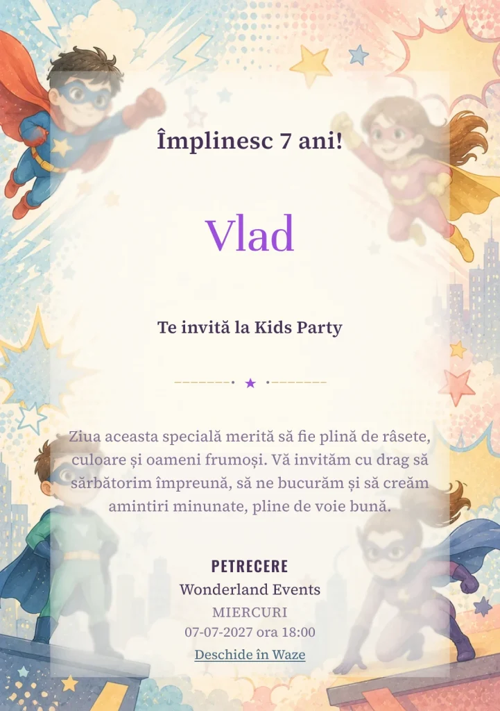 Super Eroi – invitație aniversară pentru copii, cu supereroi, cape, măști și forme comic-style.