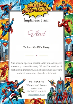 Invitație la zi de naștere Supereroi Legendari – Liga Eroilor pentru copii, cu supereroi recognoscibili, benzi desenate, simboluri și cadre de acțiune.
