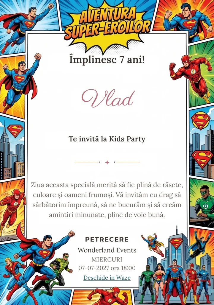 Invitație la zi de naștere Supereroi Legendari – Liga Eroilor pentru copii, cu supereroi recognoscibili, benzi desenate, simboluri și cadre de acțiune.