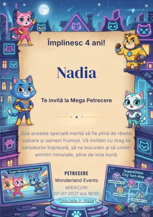 Invitație la ziua de naștere SuperKitties – Pisicuțele Supereroine pentru copii, cu pisicuțe supereroi, oraș neon și elemente tehnologice colorate.
