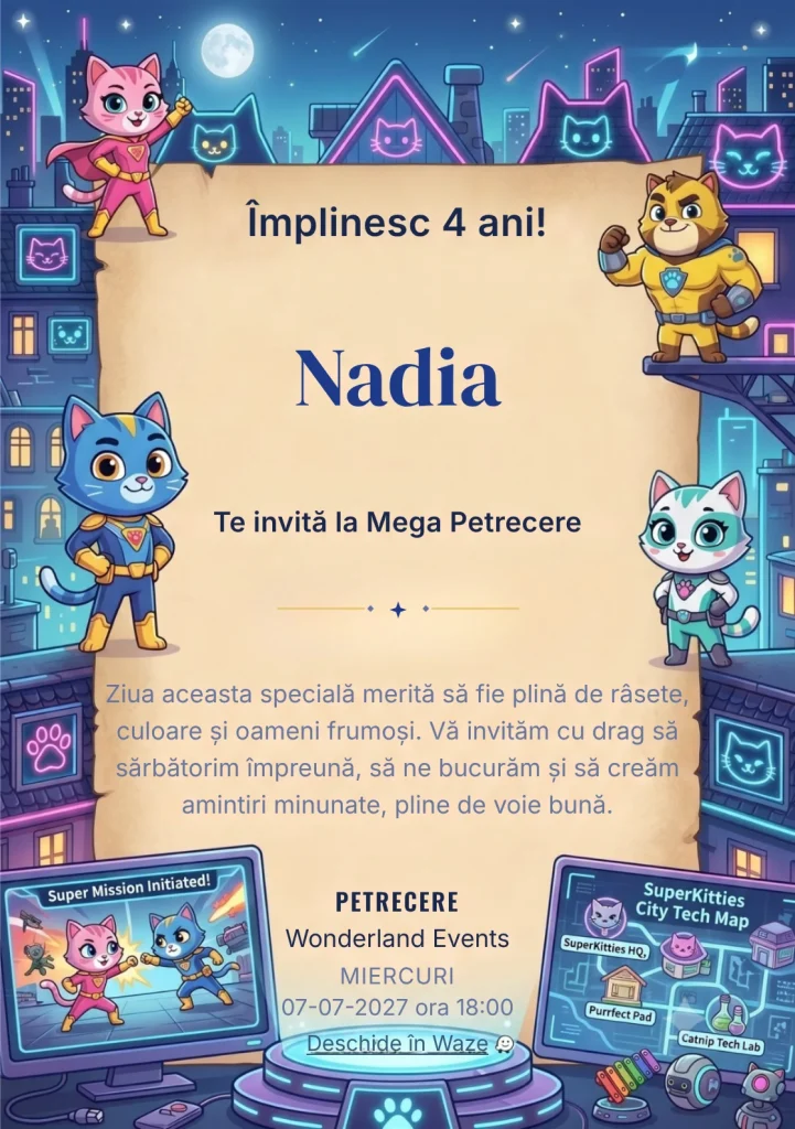 Invitație la ziua de naștere SuperKitties – Pisicuțele Supereroine pentru copii, cu pisicuțe supereroi, oraș neon și elemente tehnologice colorate.