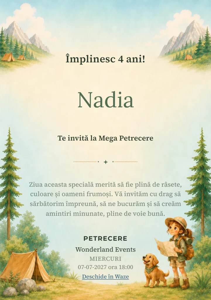Invitație digitală Tabăra din Munți pentru ziua de naștere a copiilor, cu un copil explorator cu rucsac și un câine.