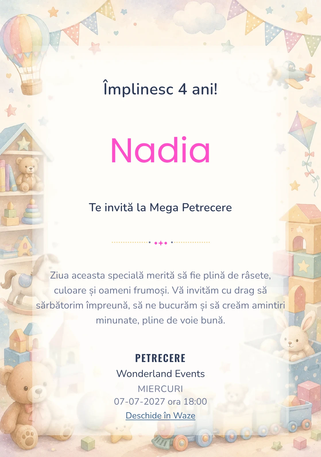 Invitație digitală Tărâmul Jucăriilor pentru ziua de naștere a copiilor, cu cuburi, trenuleț, ursuleți și jucării pastel.
