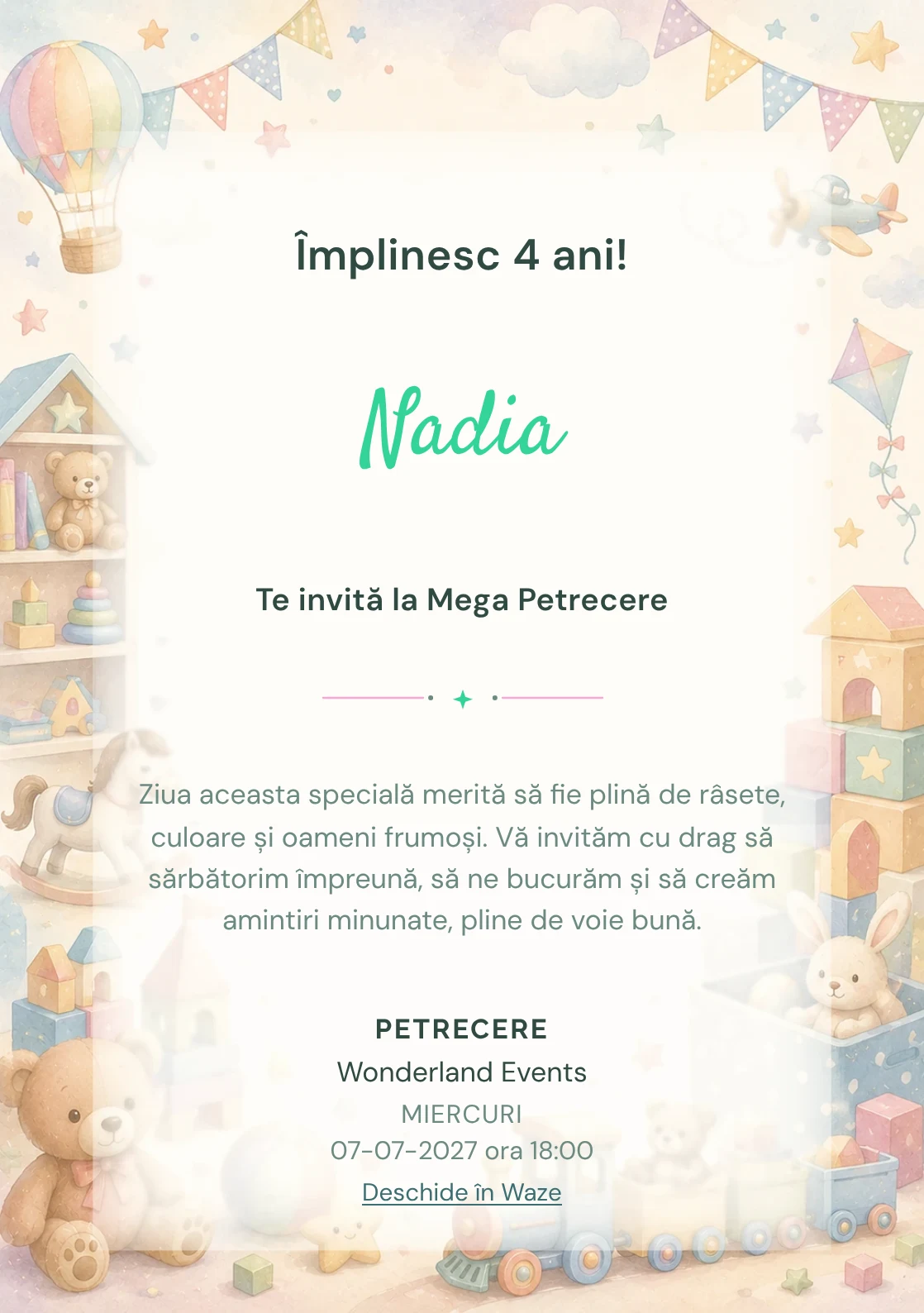 Invitație digitală Tărâmul Jucăriilor pentru ziua de naștere a copiilor, cu cuburi, trenuleț, ursuleți și jucării pastel.