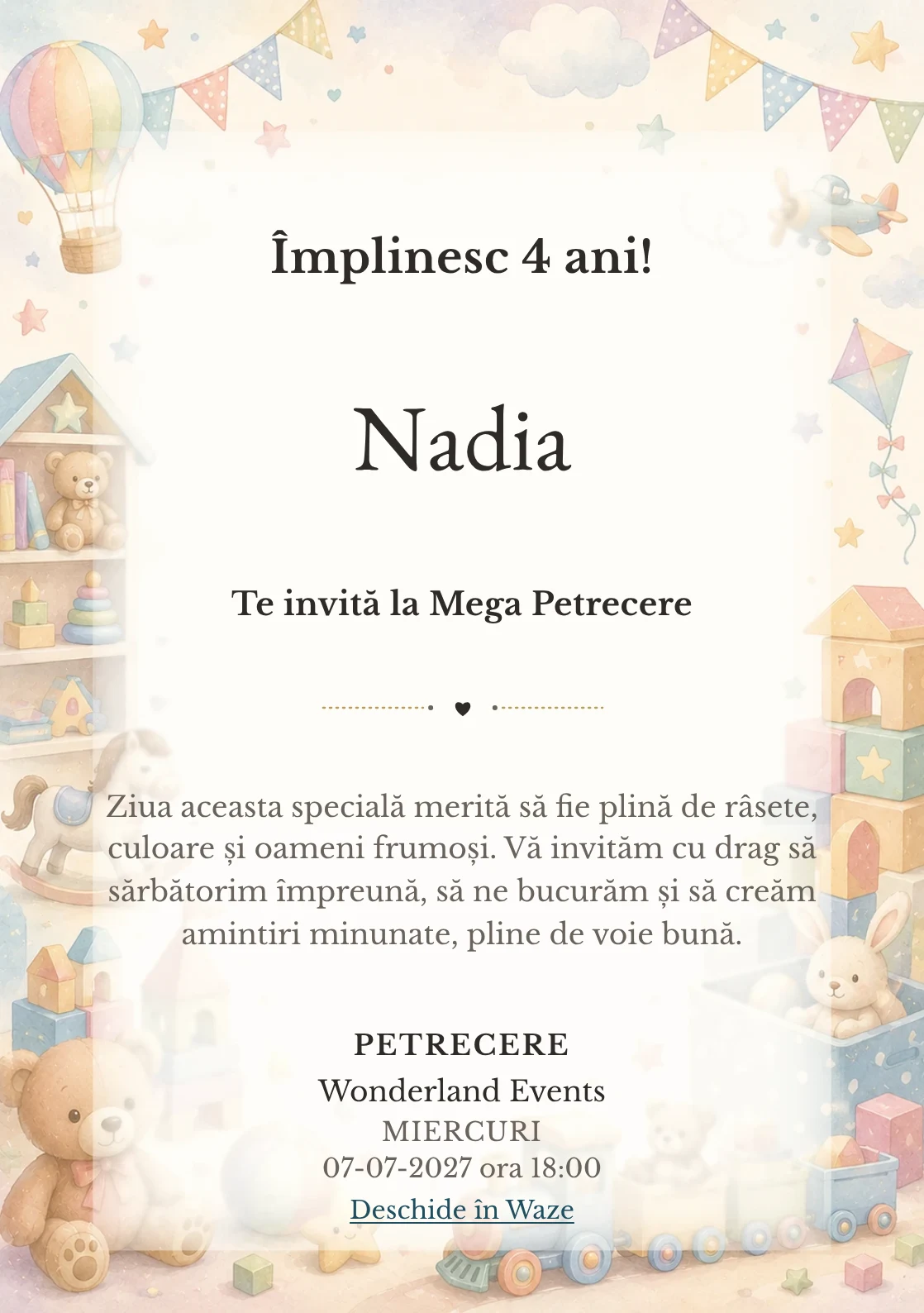 Invitație digitală Tărâmul Jucăriilor pentru ziua de naștere a copiilor, cu cuburi, trenuleț, ursuleți și jucării pastel.