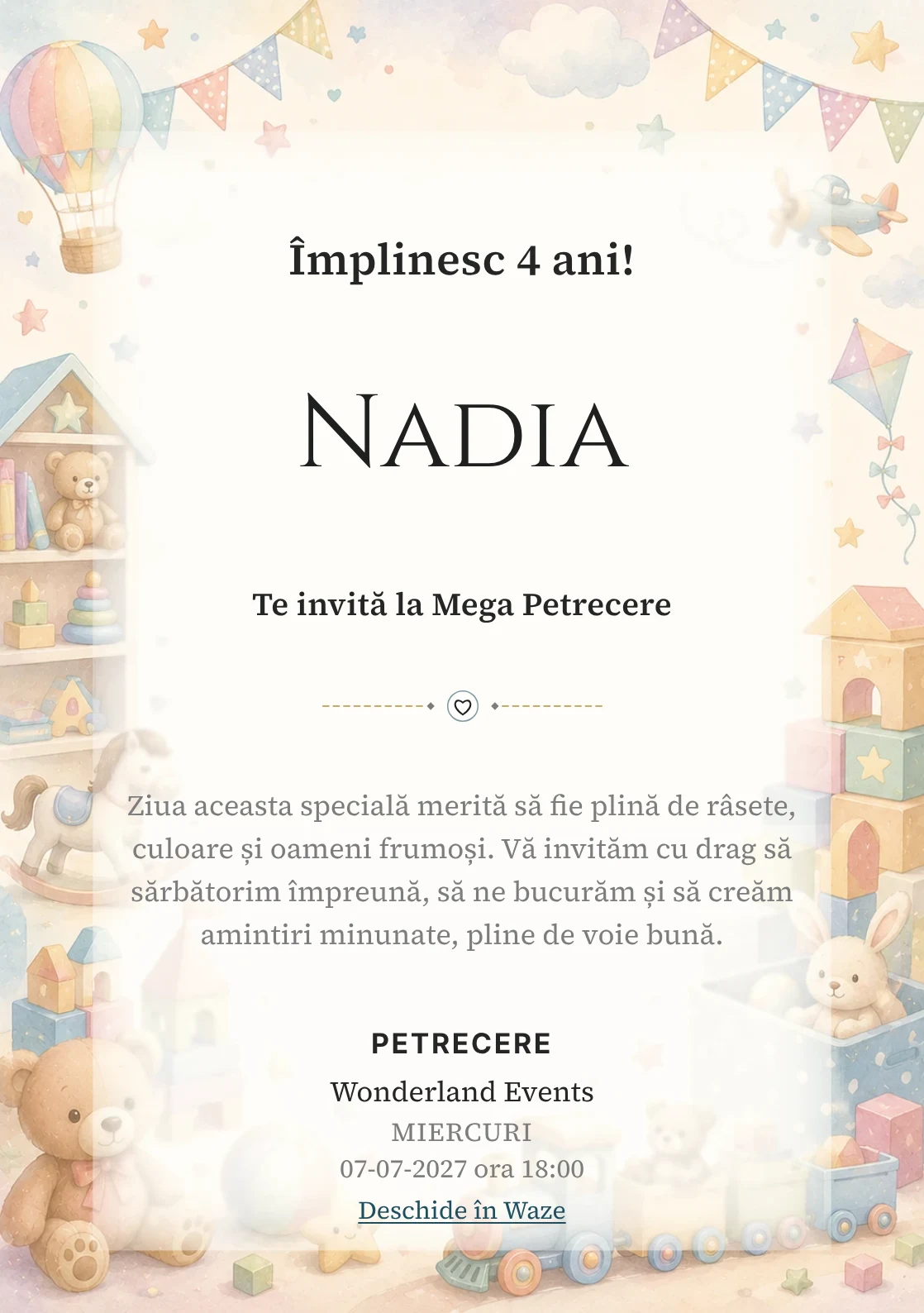 Invitație digitală Tărâmul Jucăriilor pentru ziua de naștere a copiilor, cu cuburi, trenuleț, ursuleți și jucării pastel.