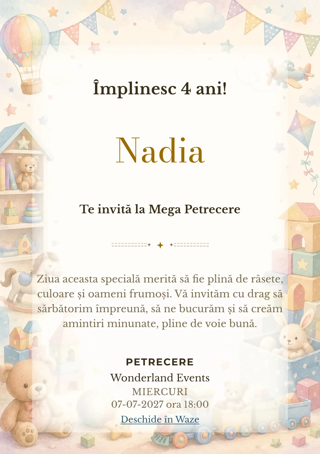 Invitație digitală Tărâmul Jucăriilor pentru ziua de naștere a copiilor, cu cuburi, trenuleț, ursuleți și jucării pastel.