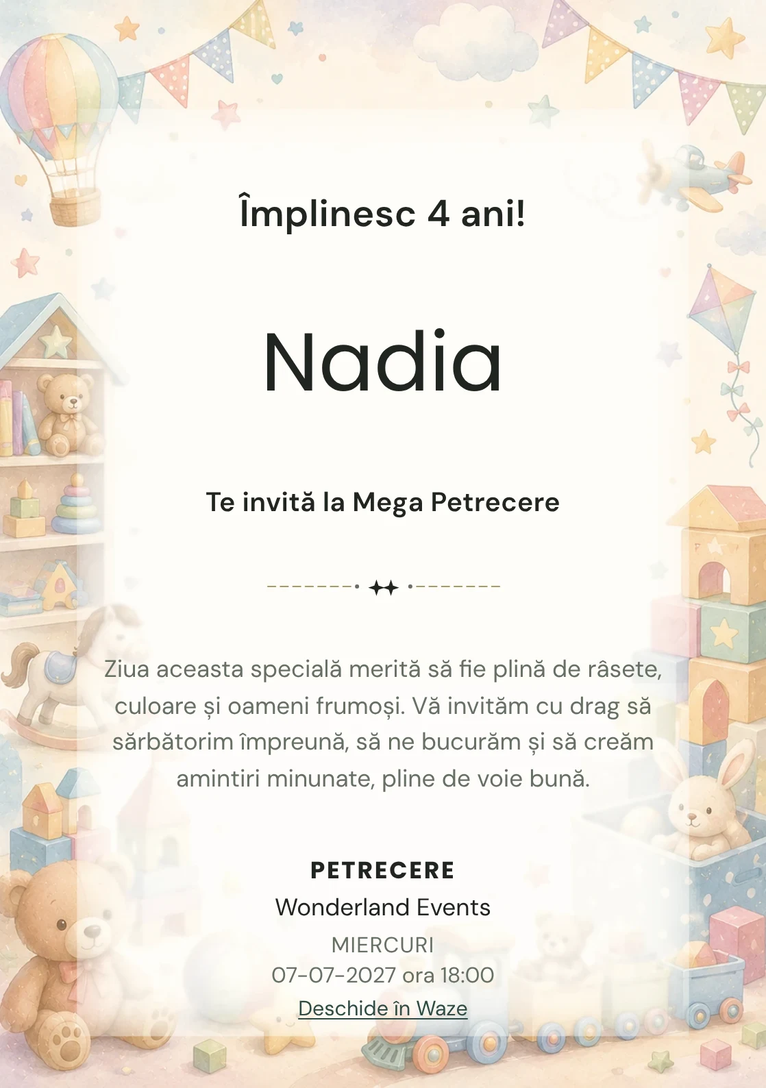 Invitație digitală Tărâmul Jucăriilor pentru ziua de naștere a copiilor, cu cuburi, trenuleț, ursuleți și jucării pastel.