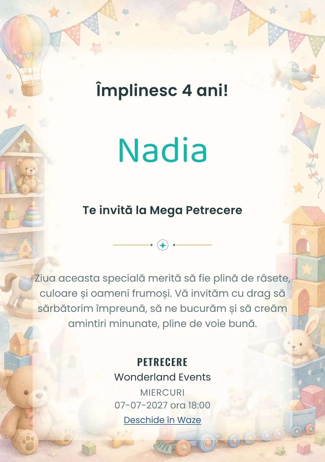 Invitație digitală Tărâmul Jucăriilor pentru ziua de naștere a copiilor, cu cuburi, trenuleț, ursuleți și jucării pastel.