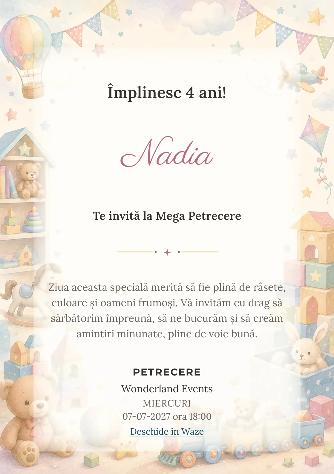 Invitație digitală Tărâmul Jucăriilor pentru ziua de naștere a copiilor, cu cuburi, trenuleț, ursuleți și jucării pastel.