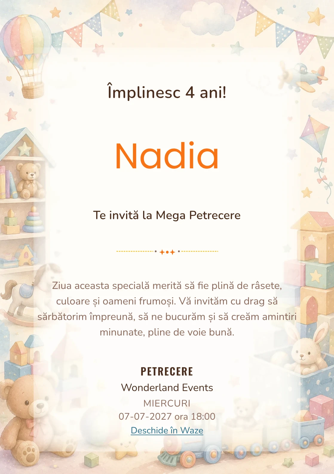 Invitație digitală Tărâmul Jucăriilor pentru ziua de naștere a copiilor, cu cuburi, trenuleț, ursuleți și jucării pastel.