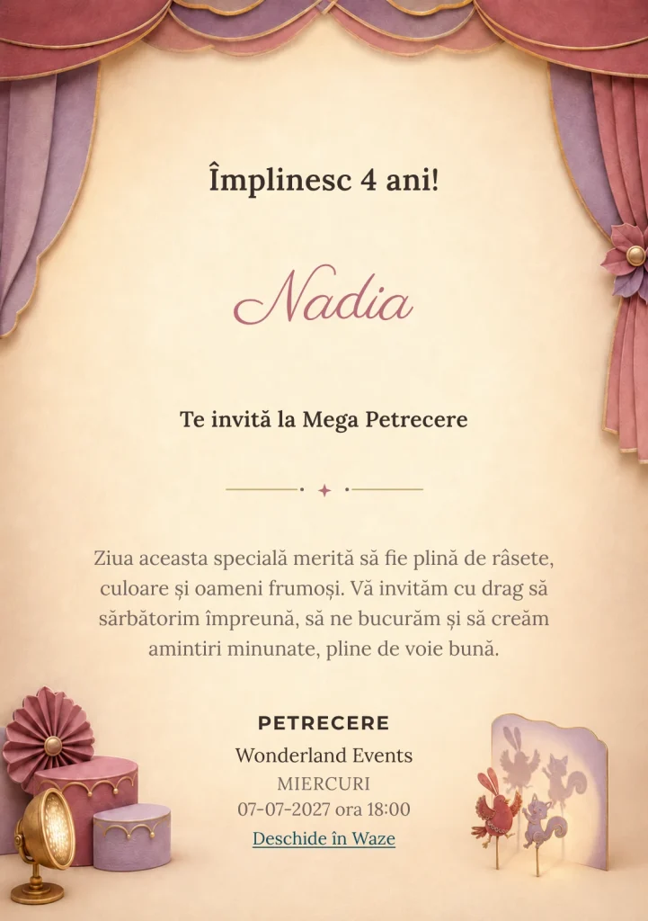 Invitație digitală Teatrul Umbrelor Vesele pentru ziua de naștere a copiilor, cu două siluete de păpuși inventate și o lampă difuză.