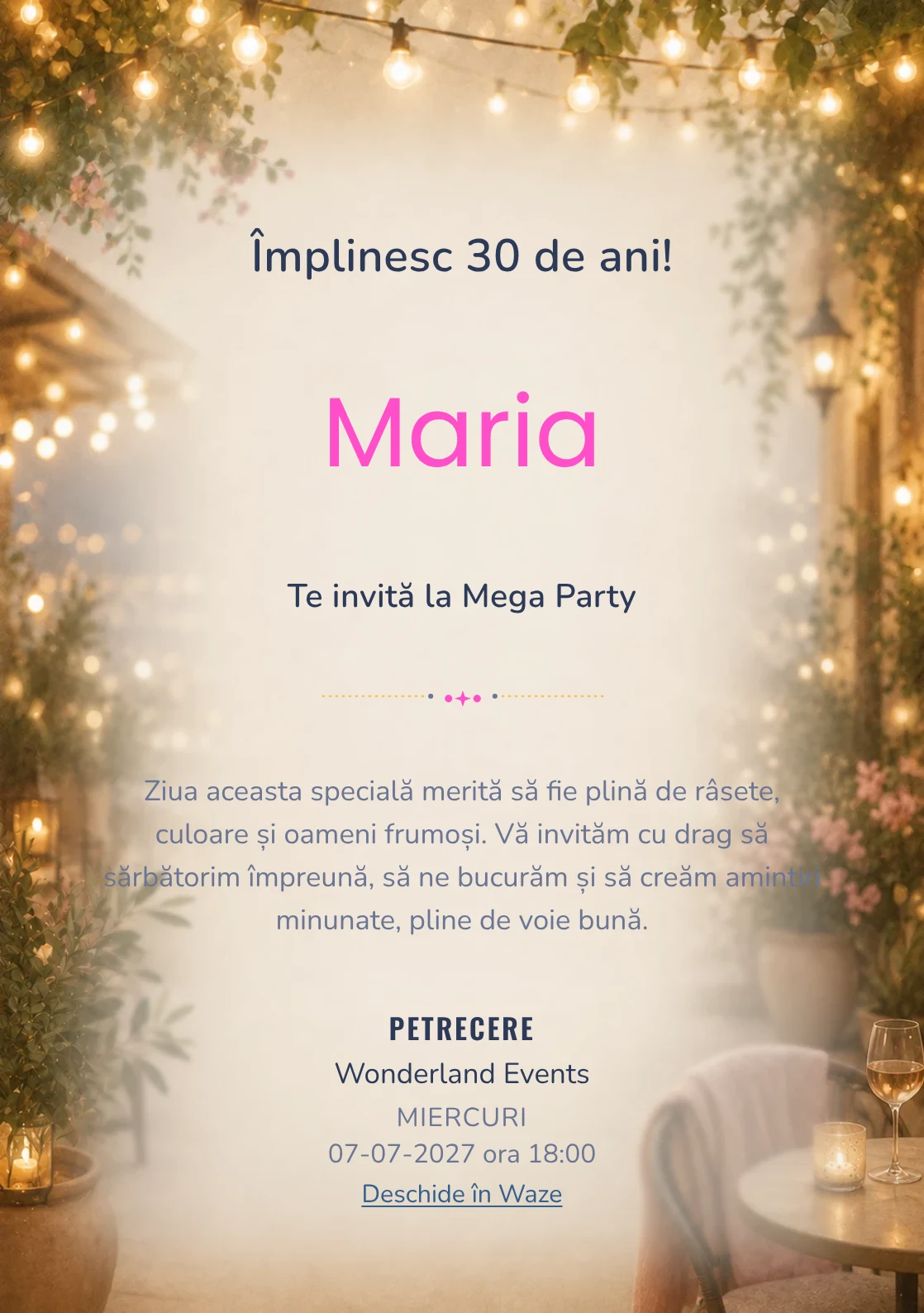 Invitație la ziua de naștere Terasa Lumini pentru adulți, cu o terasă caldă, plante și lumini ambientale.