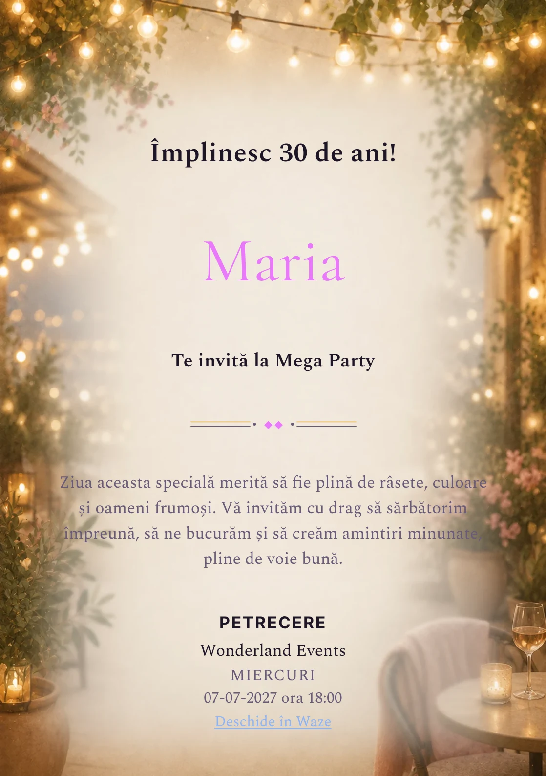 Invitație la ziua de naștere Terasa Lumini pentru adulți, cu o terasă caldă, plante și lumini ambientale.