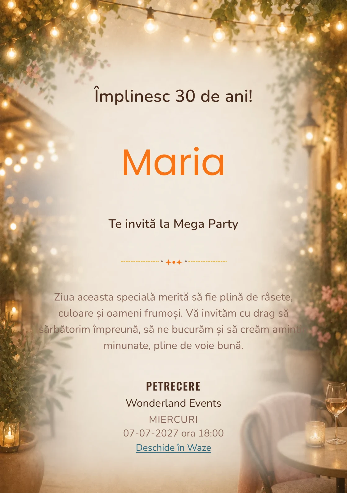 Invitație la ziua de naștere Terasa Lumini pentru adulți, cu o terasă caldă, plante și lumini ambientale.