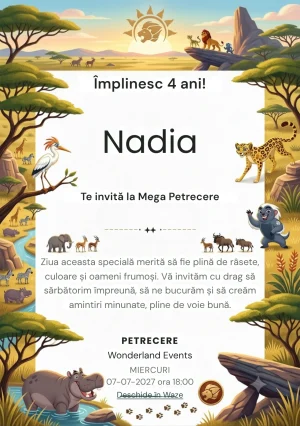 The Lion Guard – Garda Savanei, invitație de zi de naștere pentru copii, cu lei și animale ale savanei, peisaj african și elemente de aventură.