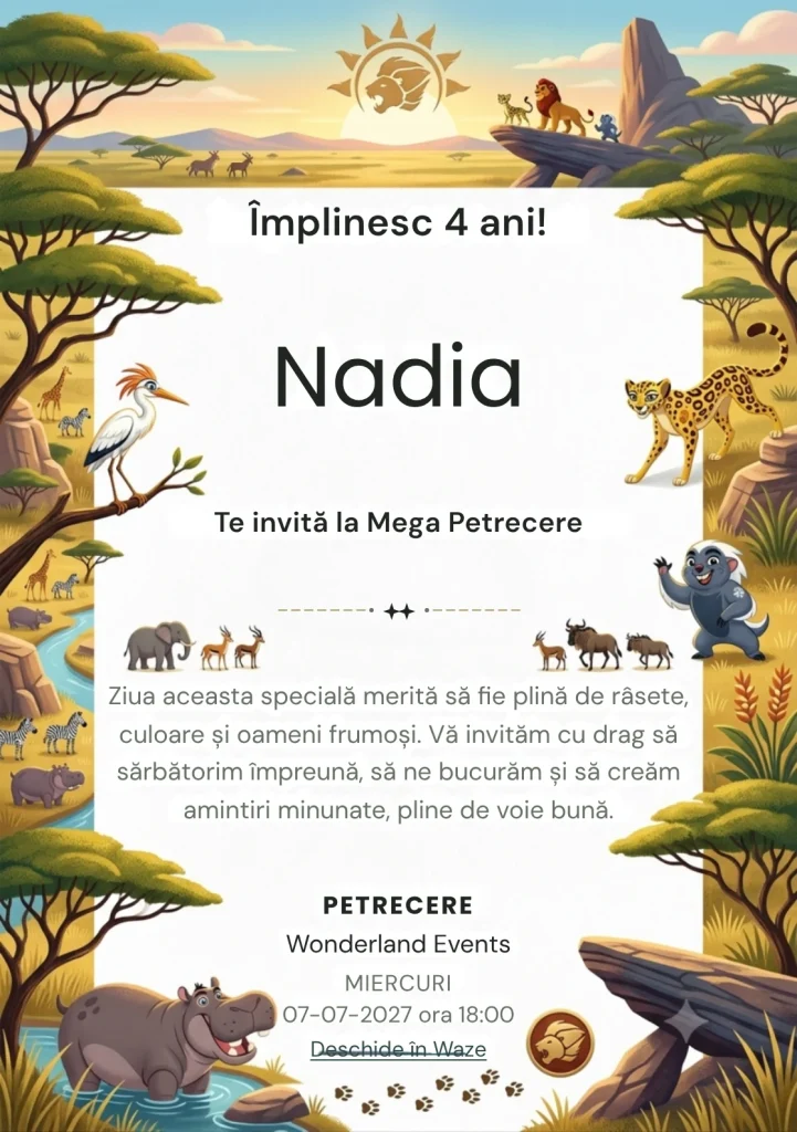 The Lion Guard – Garda Savanei, invitație de zi de naștere pentru copii, cu lei și animale ale savanei, peisaj african și elemente de aventură.
