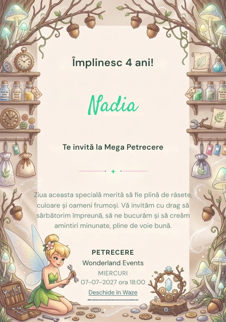Tinker Bell – Zâna Pădurii Fermecate – invitație aniversară pentru copii, cu o zână, copaci, obiecte magice și decor floral delicat.