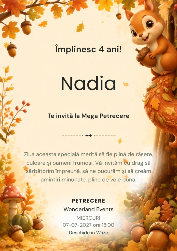 Invitație digitală Toamna cu Ghinde pentru ziua de naștere a copiilor, cu o veveriță cu coadă decorativă.
