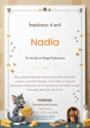 Modelul Tom și Jerry – Pisica și Șoricelul Năzdrăvan, invitație de zi de naștere pentru copii, prezintă pisică și șoricel, obiecte casnice și scenă comică minimalistă.